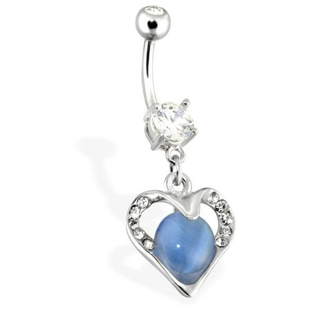 Encased Gems - Hollowed Heart With Paved Gems Encasing Blue Cats Eye Gemstone Dangle Surgical Steel Navel Ring