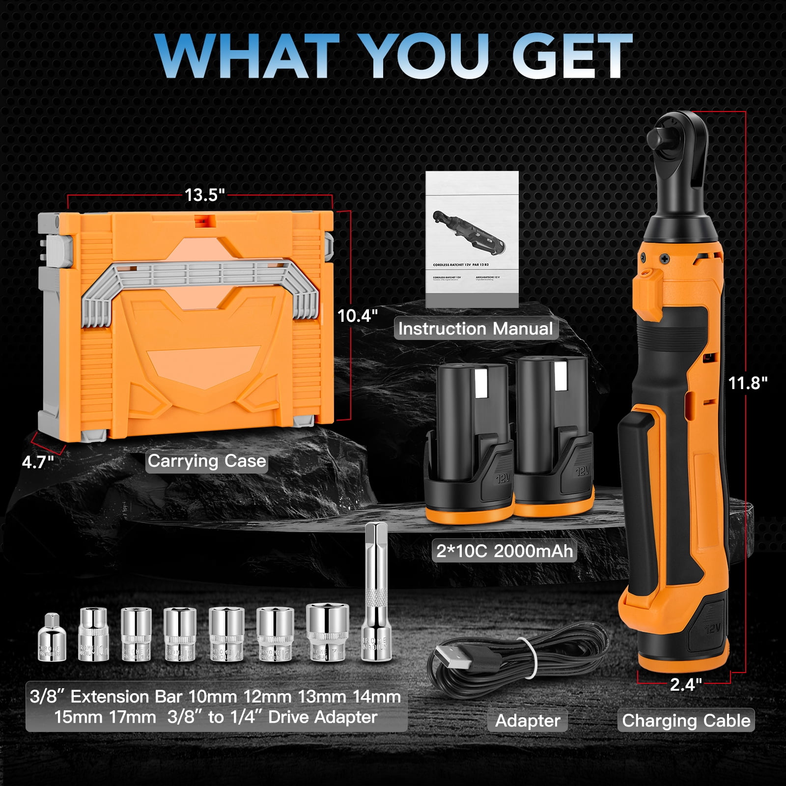 Filluck 3/8" Cordless Ratchet Wrench, 41 ft-lbs (55 Nm) Torque, 20V Power Tool Kit with 2 Batteries, LED Light, 13-Piece Set for Mechanics & Car Repairs