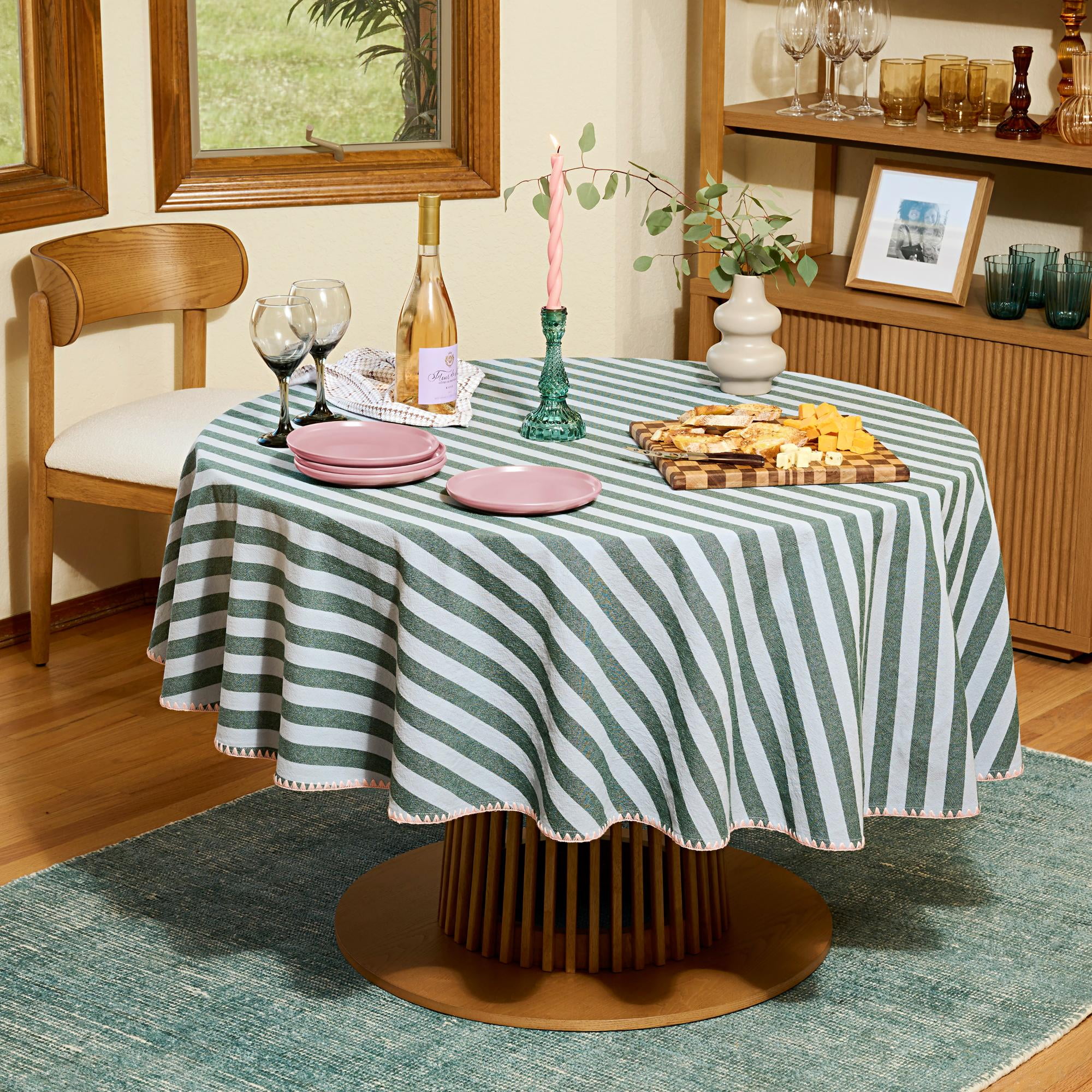 Beautiful Home by Drew Barrymore Yarn Dyed Stripe Whipstitch Fabric Tablecloth, Thyme Blue, 70" Round