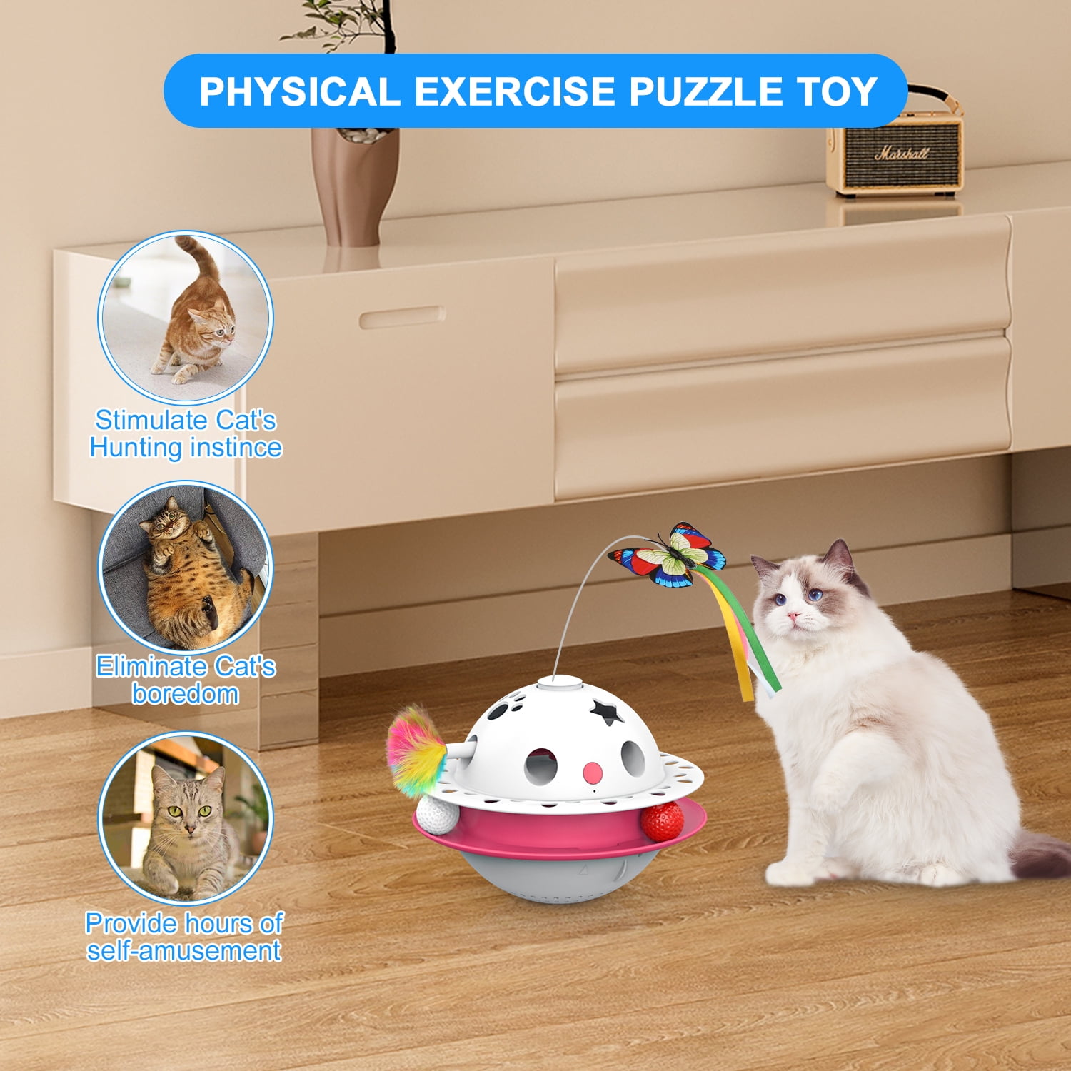 ZZHY Direct 3-in-1 Interactive Cat Toy with Fluttering Butterfly, Ambush Feather & Balls - Automatic Electric Tumbler, Dual Power, Auto on/off for Indoor Cats