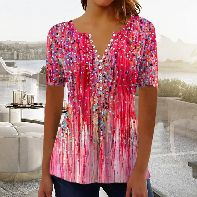 Puntoco 2024, tops a la moda de verano para mujer, moda de verano para mujer, top Sexy con estampado de pliegues regulares para mujer, top de manga corta con cuello en V y botones