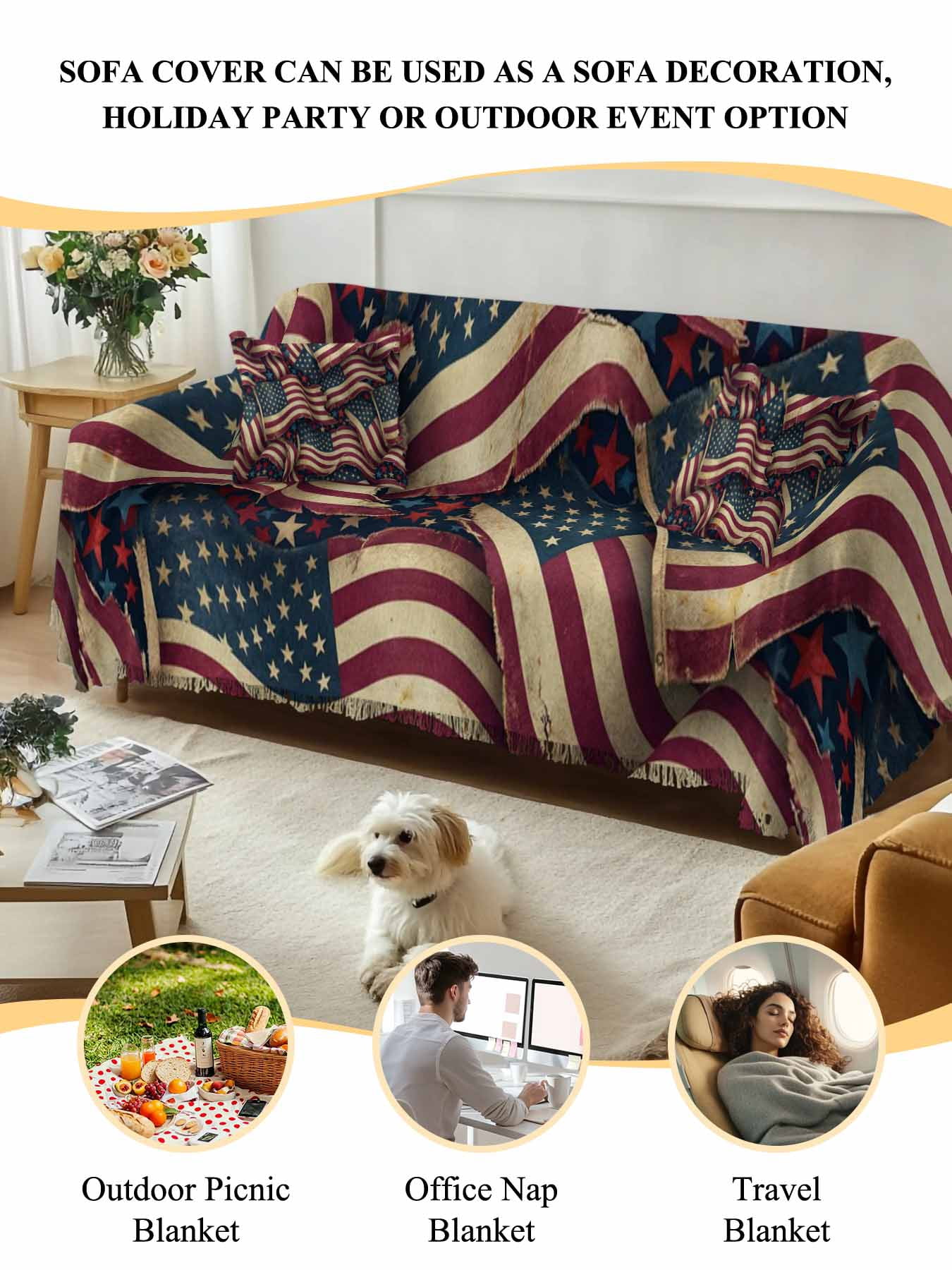 Independence Day Couch Cover, Red Blue USA Flag Retro Patriotic Stars Stripes Sofa Cover Blanket for 3 Cushion Couch, Sectional Sofa Slipcover Furniture Protector for Living Room Bedroom 71''x134''