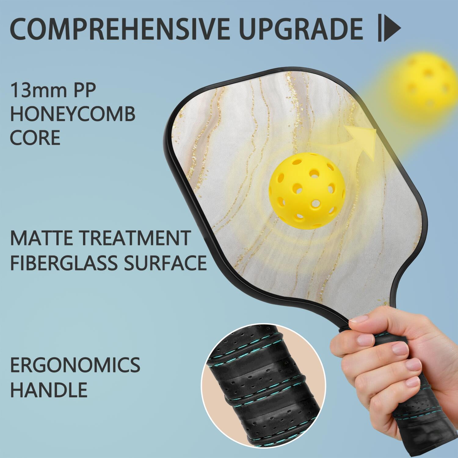 Pickleball Paddles Set Of 2, Fiberglass Surface, Turquoise Marble Pattern, 4 Balls & Bag