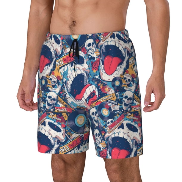 Balery cool rock Skull Bañador para hombre, shorts de playa de secado rápido con entrepierna y forro de compresión-X-Large