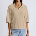 thumbnail image 2 of MIXUE Womens Summer Tops Solid Color Lapel V Neck Short Sleeve Loose Fit Casual Knitted Tshirts Activewear,Beige,L, 2 of 8