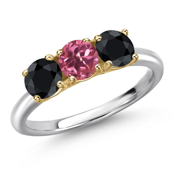 Gem Stone King 925 Silver and 10K Yellow Gold Pink Tourmaline and Black Sapphire Engagement Ring for Women | 1.90 Cttw | Round 5MM | Gemstone October Birthstone | Size 5
