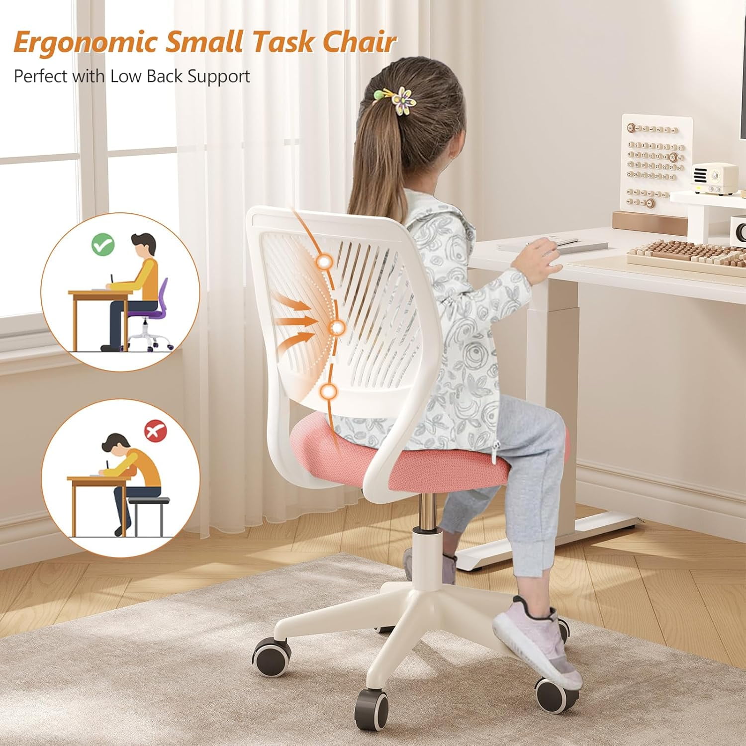 Neatifyes Armless Desk Chair, Height Adjustable Swivel Office Rolling Task Chairs with Soft Mesh Padded Cushion, Ergonomic Small Study Computer Chair for Girls Boys Teens (Pink, 1PC)
