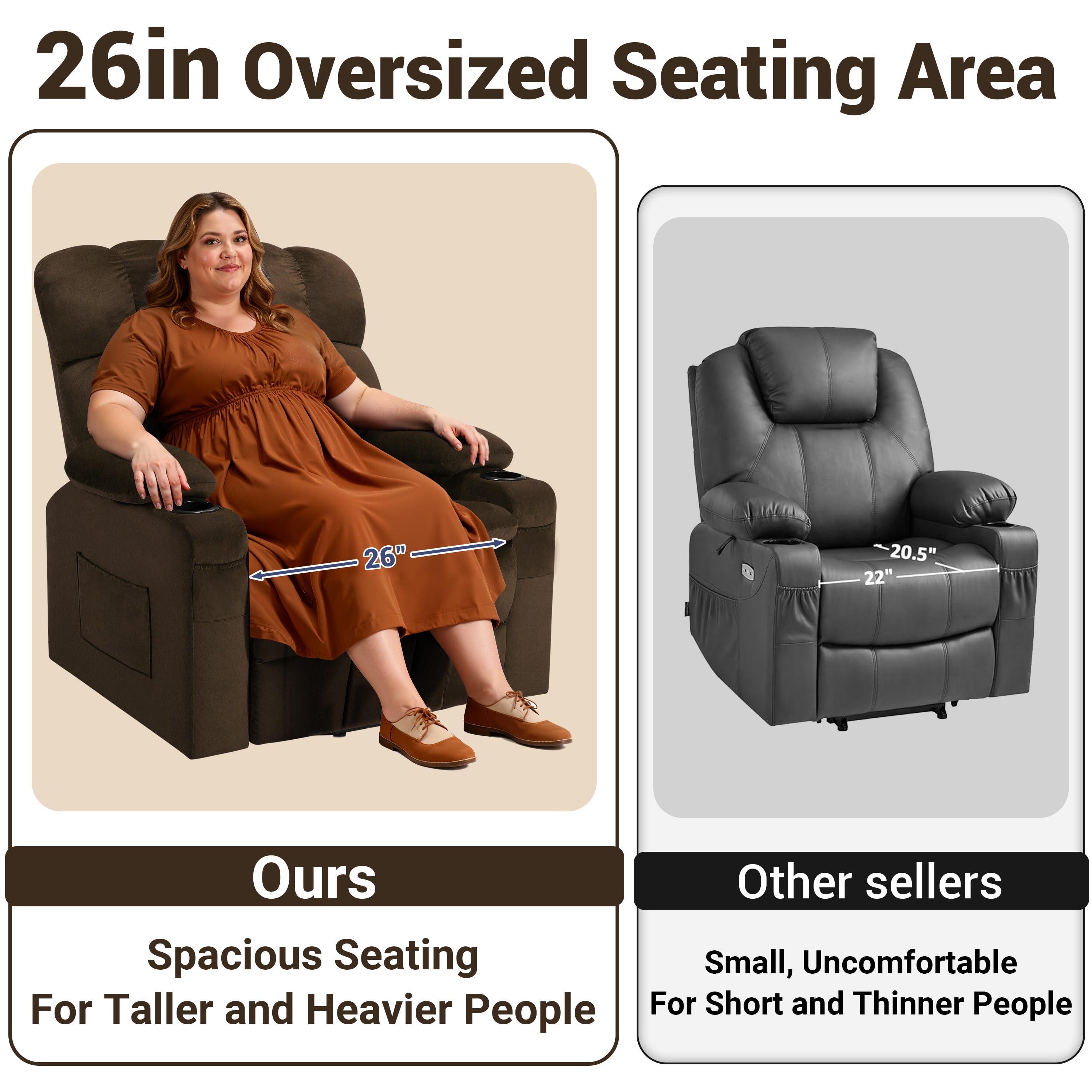 Oversized Power Lift Recliner, LEGAHOME 26in Large Wide Lift Chair for Elderly, Massage Recliner with Heat for Big and Tall Adults, Living Room Recliner Chair with Cup Holders, Brown