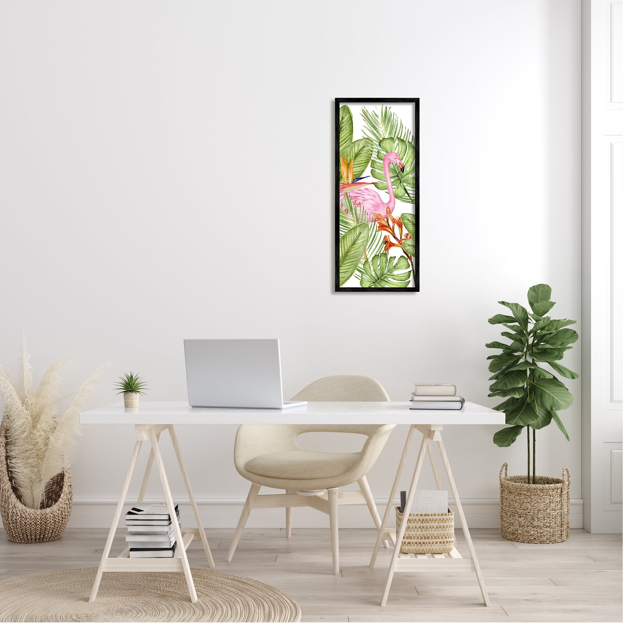 Stupell Industries Flamingo & Monstera Leaves Animals & Insects Painting Black Framed Art Print Wall Art, 13 x 30