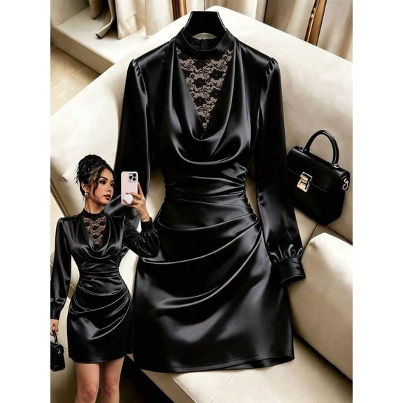 Women Satin Lace Patchwork Long Sleeve Mini Dress Cowl Neck Ruched Bodycon Dress for Party Evening
