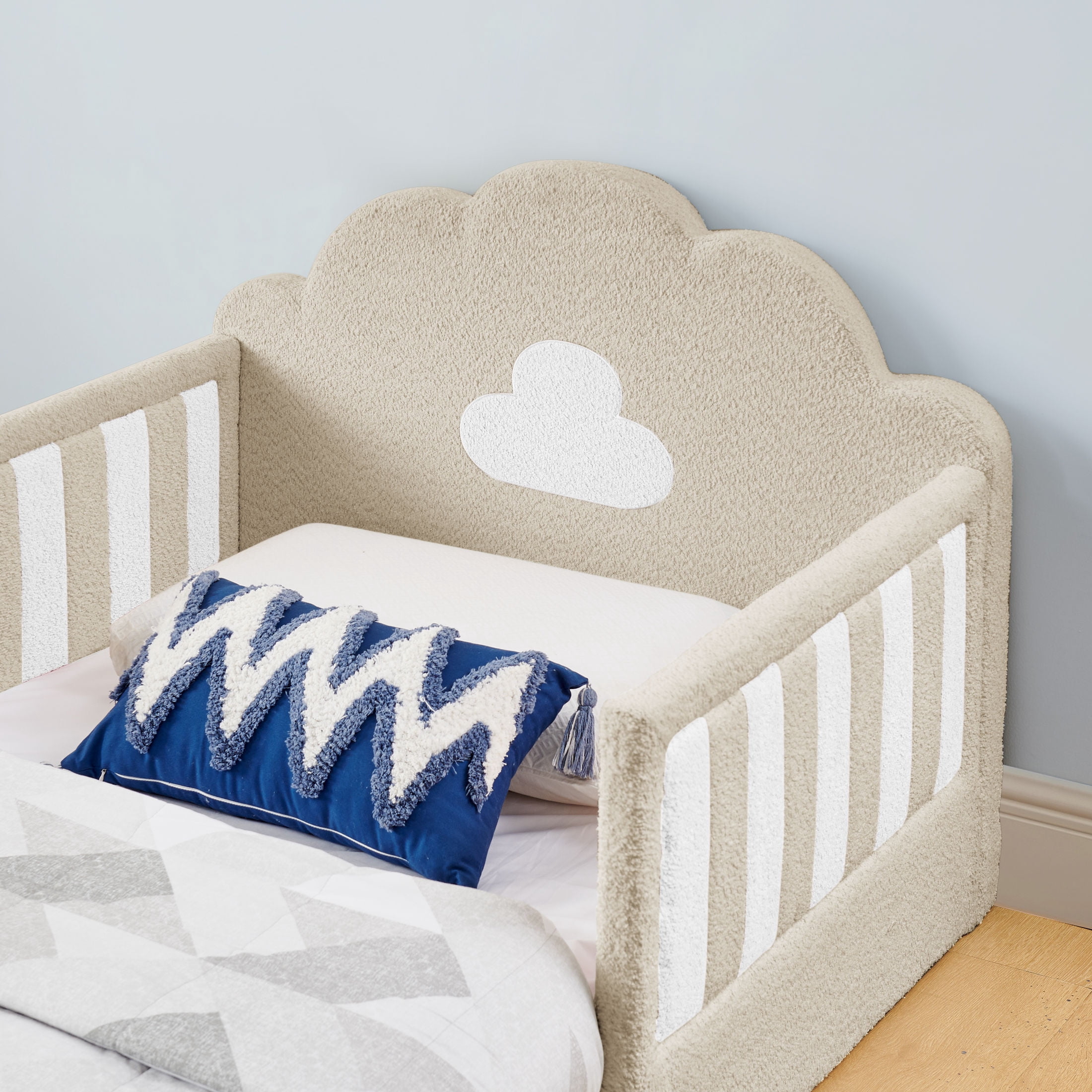 GDF Studio Arvion Twin Size Cloud Bed with Safety Guardrails & Solid Wood Frame, Boucle Fabric Upholstered Bed, Camel