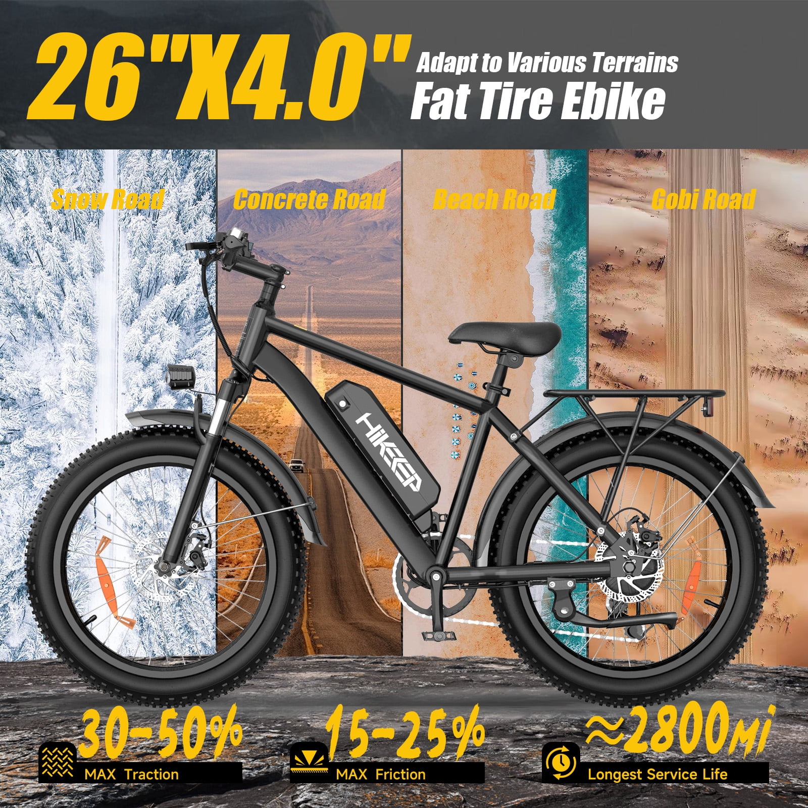 26 Inch 750W 1500W Electric Bike, 48V 15.6Ah Removable Battery, 26x4 Fat Tire Mountain Ebike, UL2849, Black
