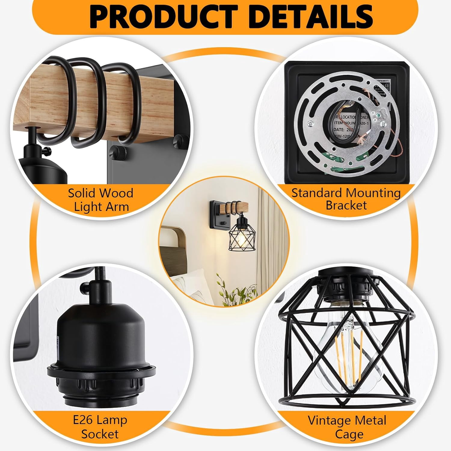 Dimmable Wall Sconces with Rotary Switch Set of 2 Wall Lights Wall Mounted Lamp Wooden Bathroom Light Fixtures with Metal Cage Hardwired Farmhouse Wall Lights for Bedroom Living Room