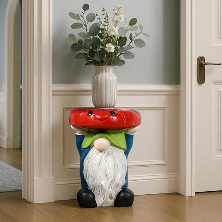 Gnome Garden Stool with Ladybug Seat, GFRC Concrete Outdoor Side Table, Cute Fairy Garden Decor Stool for Patio Indoor Use, Small Accent Seat for Kids & Adults, 15 Inch