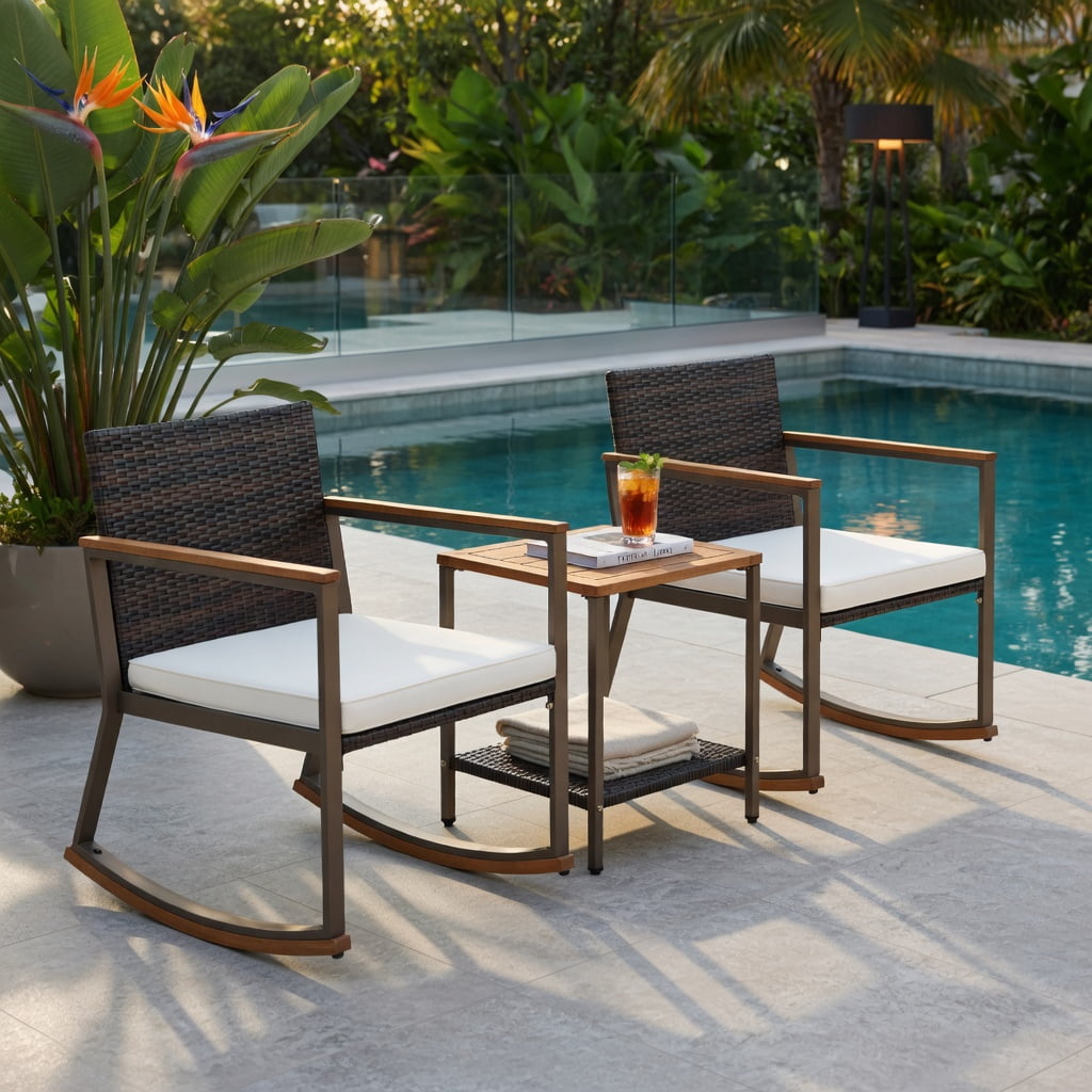 Hommoo 3-Piece Outdoor Rattan Rocking Bistro Set, 2 Rocking Chairs + Coffee Table with Cushions, PE Rattan & Acacia Wood, Weather-Resistant Patio Furniture, White