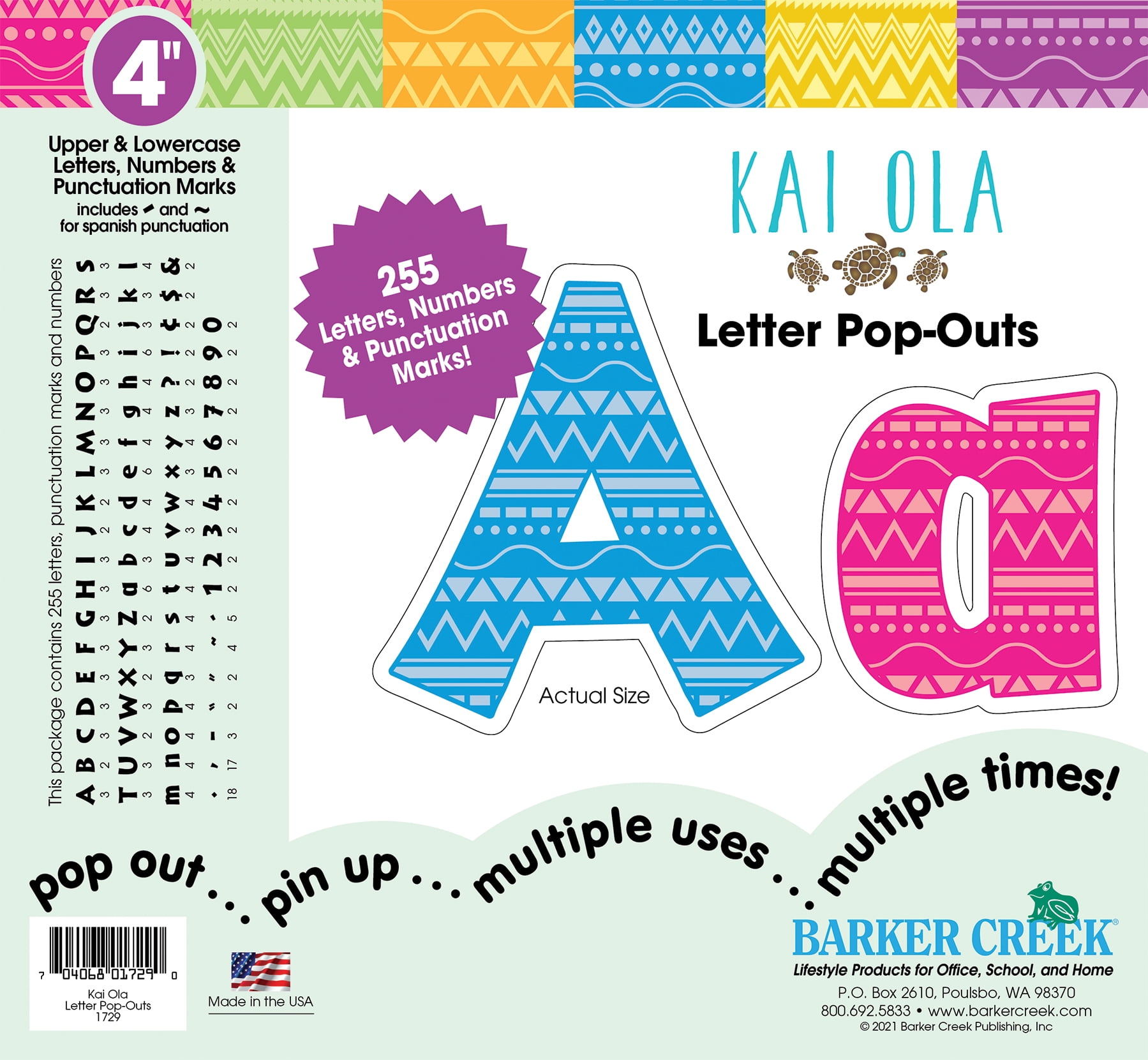 Barker Creek Letter Pop-Outs, 4' Kai Ola Sea Life, Multicolor Designer Letters for Bulletin Boards, Breakrooms, Reception Areas, Signs, Displays, And More! 4', 255 Characters per Set (1729)