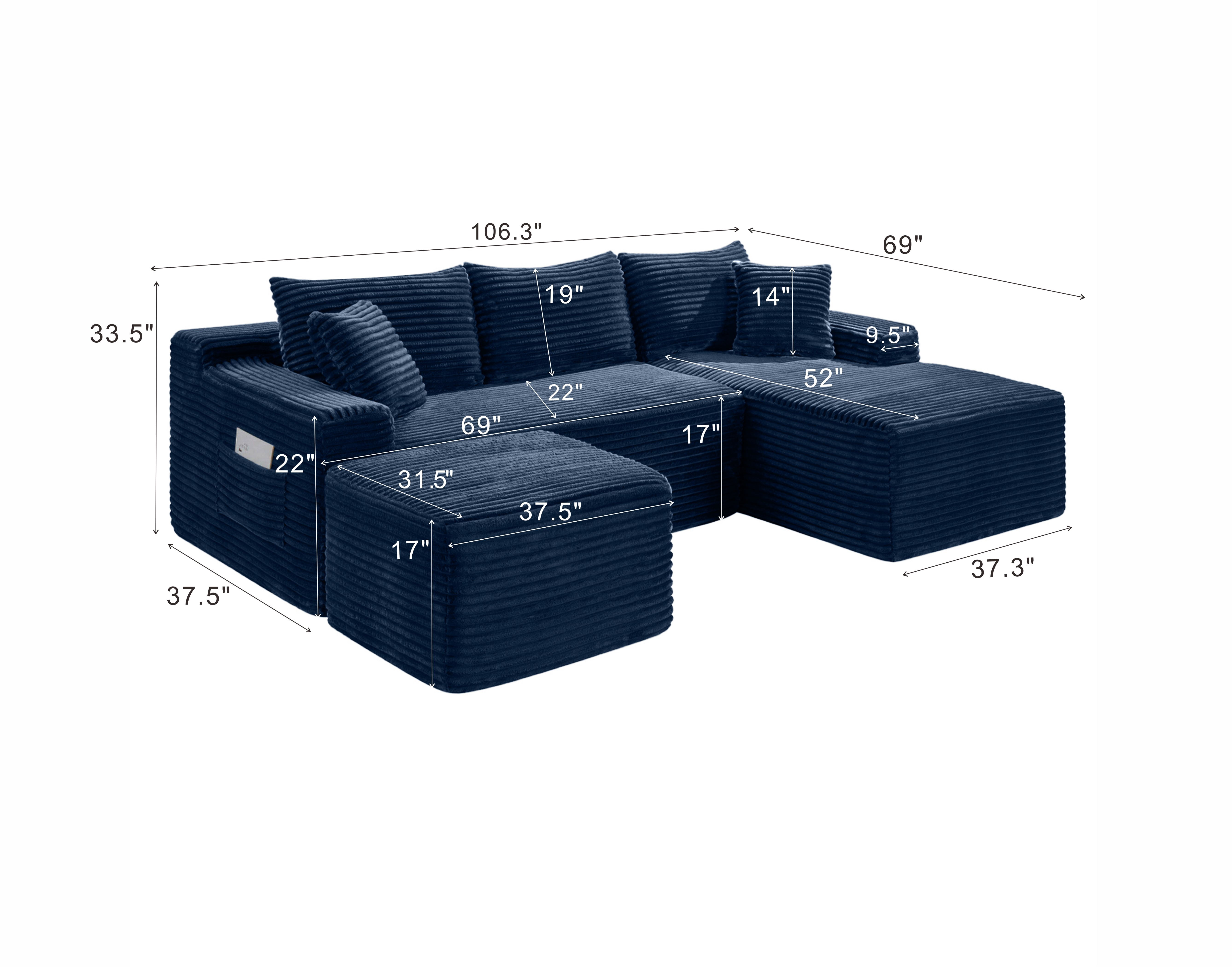 Leumius 106" Sectional Sofa Couch with Deep Seat,U-Shaped Cloud Modular Sleeper Couches for Living Room,Bedroom,Apartment,No Assembly Required,Blue-Left