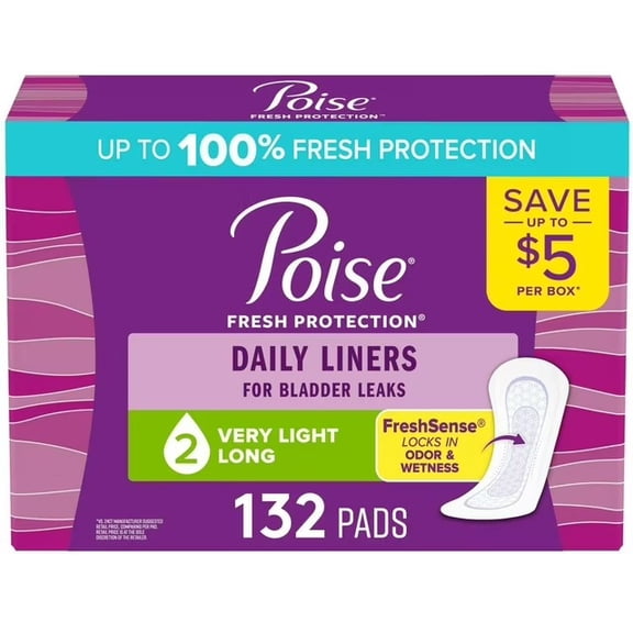 Poise Daily Incontinence Panty Liners, 2 Drop Very Light Absorbency, Long, 132 Count