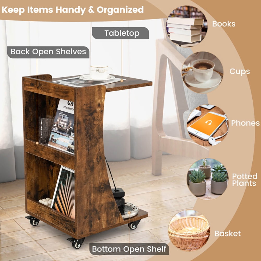 Finihen End Table, C-shaped Rolling End Side with Back Storage Shelves beside Sofa, Sofa Side Table, Bed Side Table, for Living Room, Bedroom, Rustic Brown Finihen End Table, C-shaped Rolling End Side with Back Storage Shelves beside Sofa, Sofa Side Table, Bed Side Table, for Living Room, Bedroom, Rustic Brown