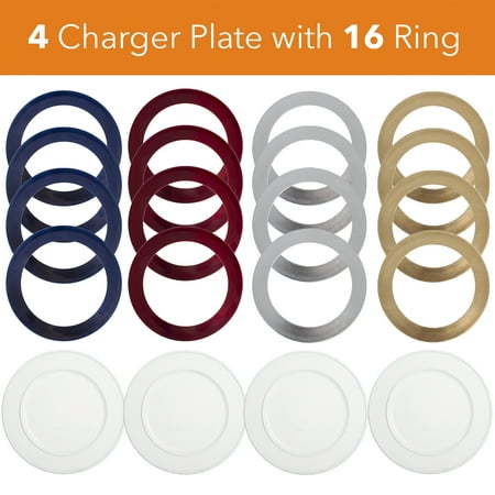 4 Pack Magical Metalic Charger Plate Set With 16 Gold Silver Red Blue Plate Ring