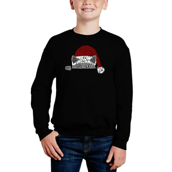Christmas Peeking Cat - Boy's Word Art Crewneck Sweatshirt