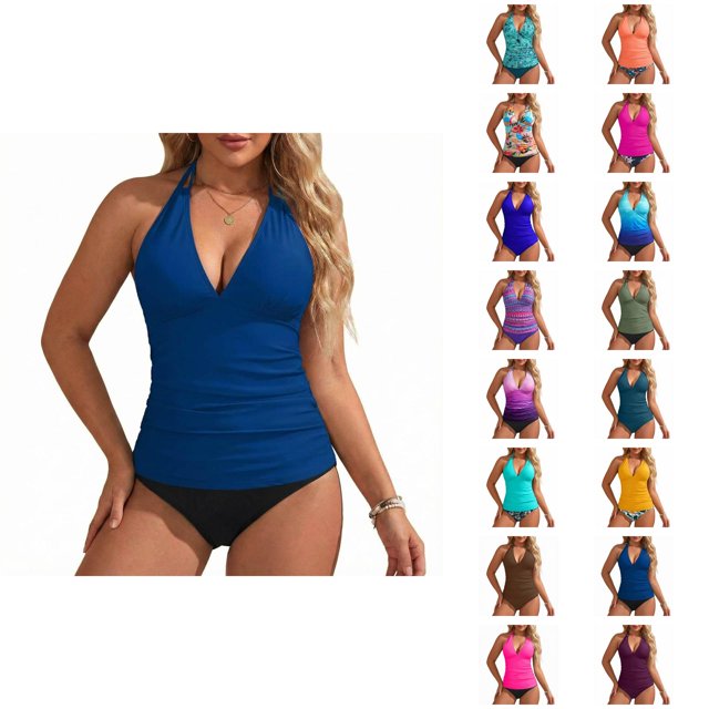 Womens Swimsuits Tankini Fashion Deep V Neck Slimming Tummy Control with High Waisted Bottom Two Piece Bathing Suits Woman