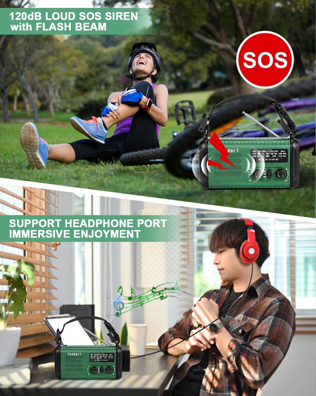 Emergency Crank Radio  20000mah / 74000mwh Solar Hand Weather With Noaa/am/fm Cell Phone Reading Lamp Flashlight & Sos For Emergencies/home (green)