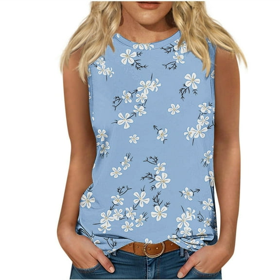 Summer Women Tank Tops Plus Size Crew Neck Floral Printing Sleeveless Wide Straps Blouse Tank Tops T-Shirt For Women Casual Loose Classic Women Trendy Going Out Tops