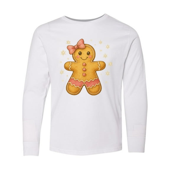 Inktastic Cute Gingerbread Girl with Pink Bow Christmas Long Sleeve Youth T-Shirt
