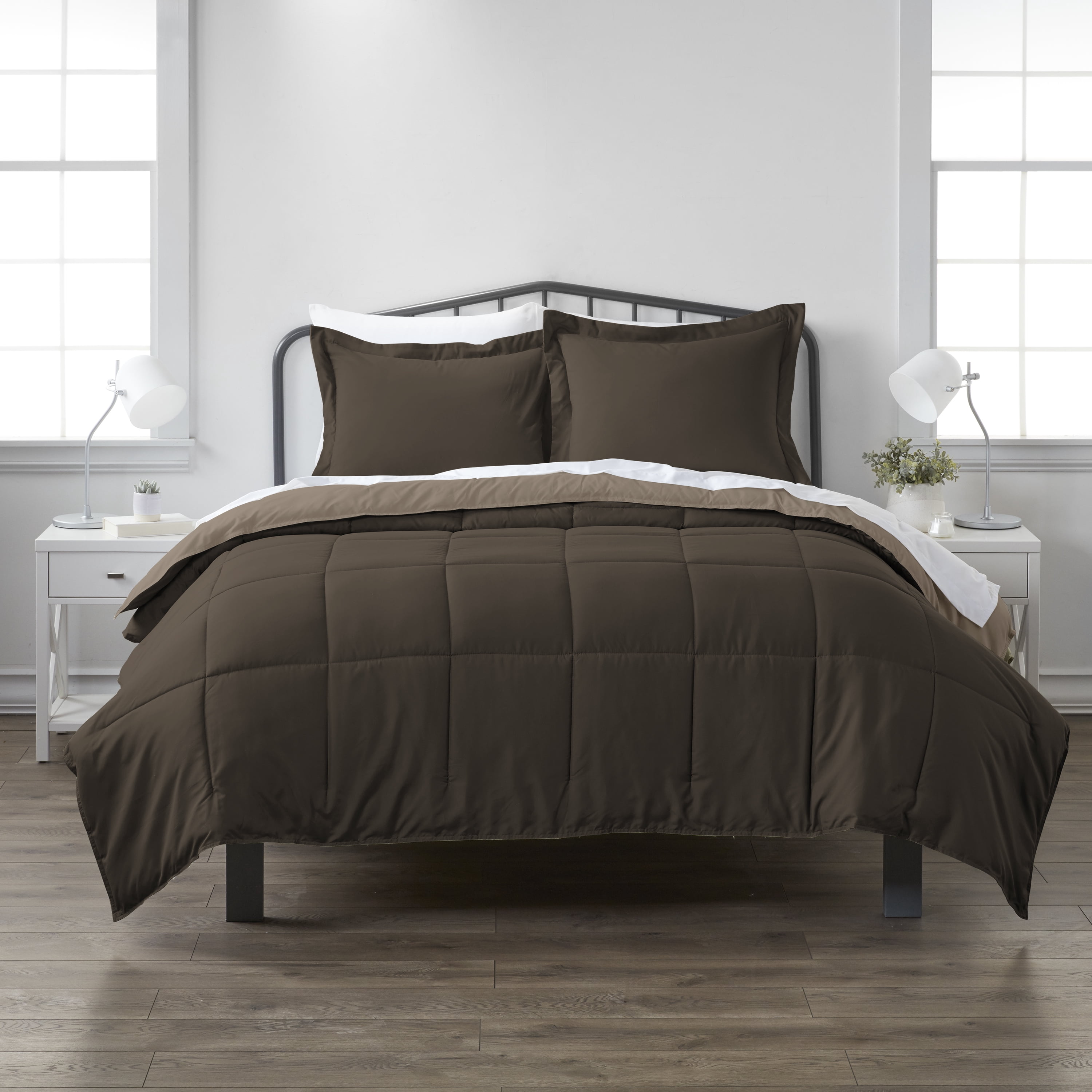 Noble Linens Soft 3-Piece Taupe & Chocolate Reversible All Season Lightweight Down Alternative Comforter Set, King/Cal King