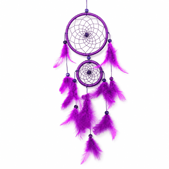 Ohmyroo Purple Beaded Dream Catcher with Bead and Feather Design, Hanging Feather Wall Accent for Walls and Window Areas, Decorative Bedroom Ornament for Bedrooms and Living Spaces