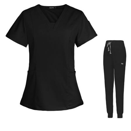 

Jogger Scrubs for Women Sets Alrise Solid V-Neck Medical Unifrom Scrub Top and Pants 4 Pockets Wrinkle Resistant Black L