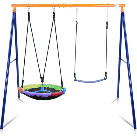 Swing Set for Backyard, 440lbs Swing Set with Heavy-Duty A-Frame Metal Stand, 1 Saucer Swing Seat & 1 Belt Swings Seat