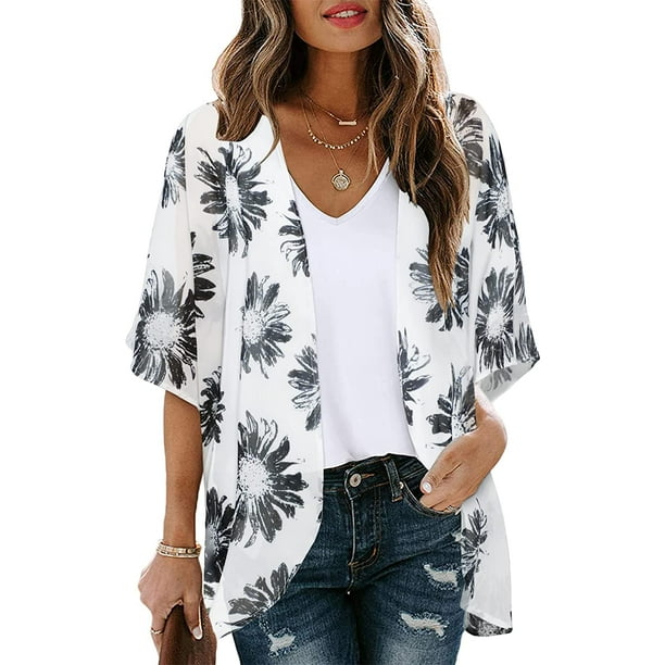Women's Floral Print Puff Sleeve Kimono Cardigan Loose Cover Up Casual ...