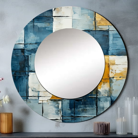Designart "Cubism Shapes In Cerulean" Abstract Shapes Rund Mirror For Wall Decor - Large Blue Round Printed Mirror -Modern Round Living Room Mirror - 23" x 23"