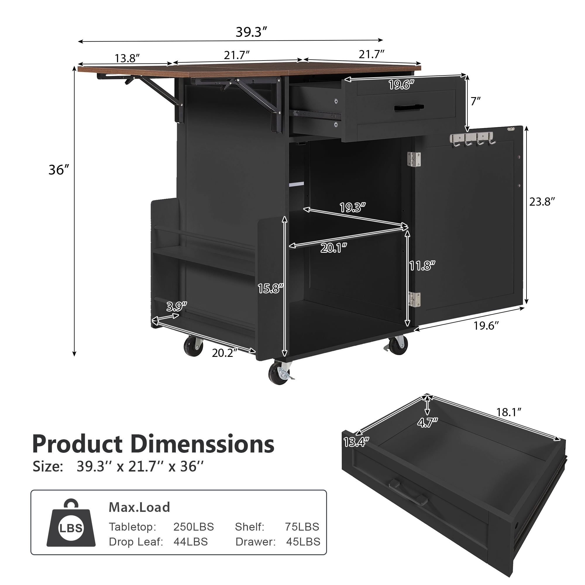 Aukfa 39" Rolling Kitchen Island with Drop Leaf, Mobile Kitchen Cart with Cabinet for Small Space, Black