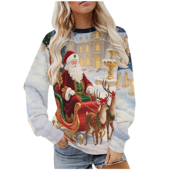 Women's Sweatshirts Merry Christmas Fleece Crewneck Sweaters Fashion Christmas Printed Long Sleeve Blouses Casual Loose Shirts Xmas Holiday Pullover Tops