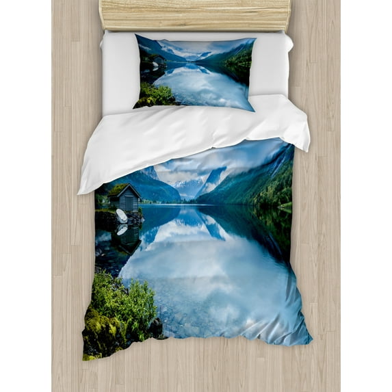 Nature Duvet Cover Set Twin Size, Landscape Photography with Wooden Cabins Clear River and Mountains Norway Europe, Decorative 2 Piece Bedding Set with 1 Pillow Sham, Blue Green, by Ambesonne