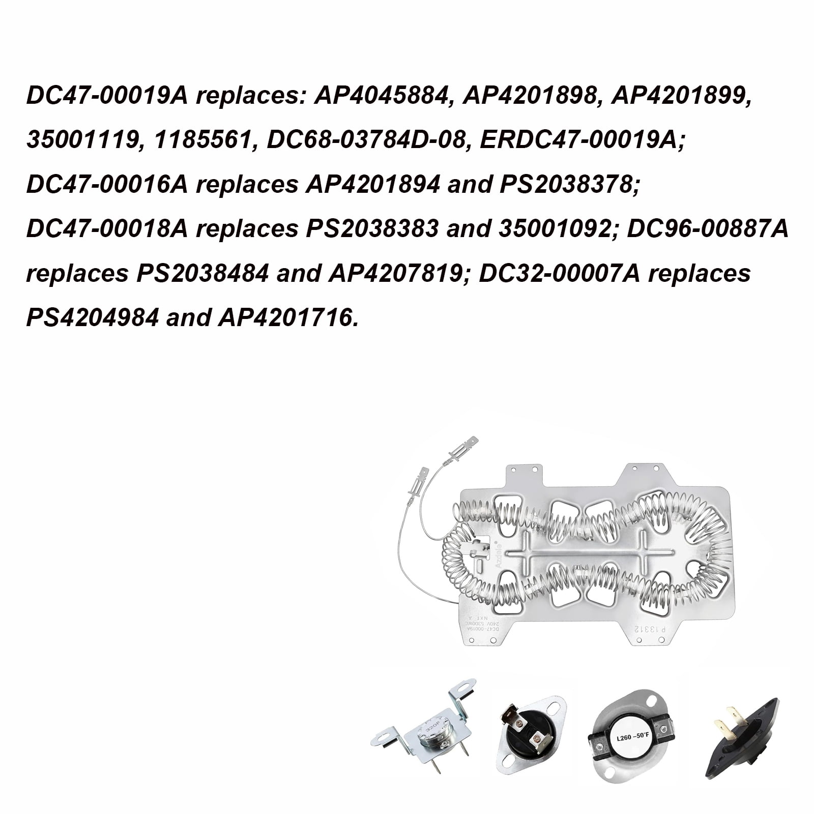 TOP-MAX DC47-00019A Dryer Heating Element, 16-25A 250V Dryer Heating Element Fit for Samsung, with DC47-00016A Thermal Fuse, DC96-00887A Thermal Fuse, DC47-00018A Thermostat, DC32-00007A Thermistor