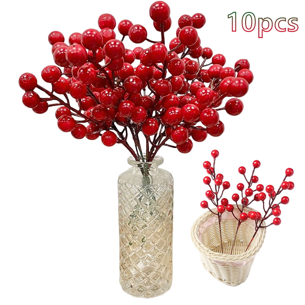 Christmas Artificial Holly Berries, 10 Bundles 12 Heads Mini 13 mm Fake