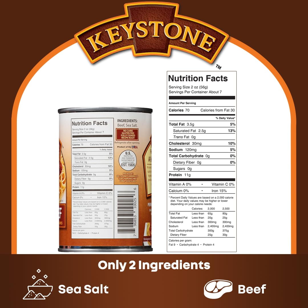 Keystone All Natural Canned Ground Beef, 14 oz (6 Pack)– Fully Cooked, Ready to Eat Canned Meat, Gluten Free Survival Food | Long-Term Emergency Protein for Prepping, Camping & Family Meals
