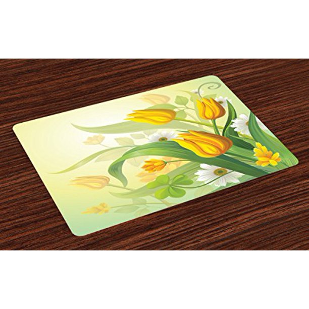 Lunarable Tulip Place Mats Set of 4, Tulips and Chamomiles Bouquet
