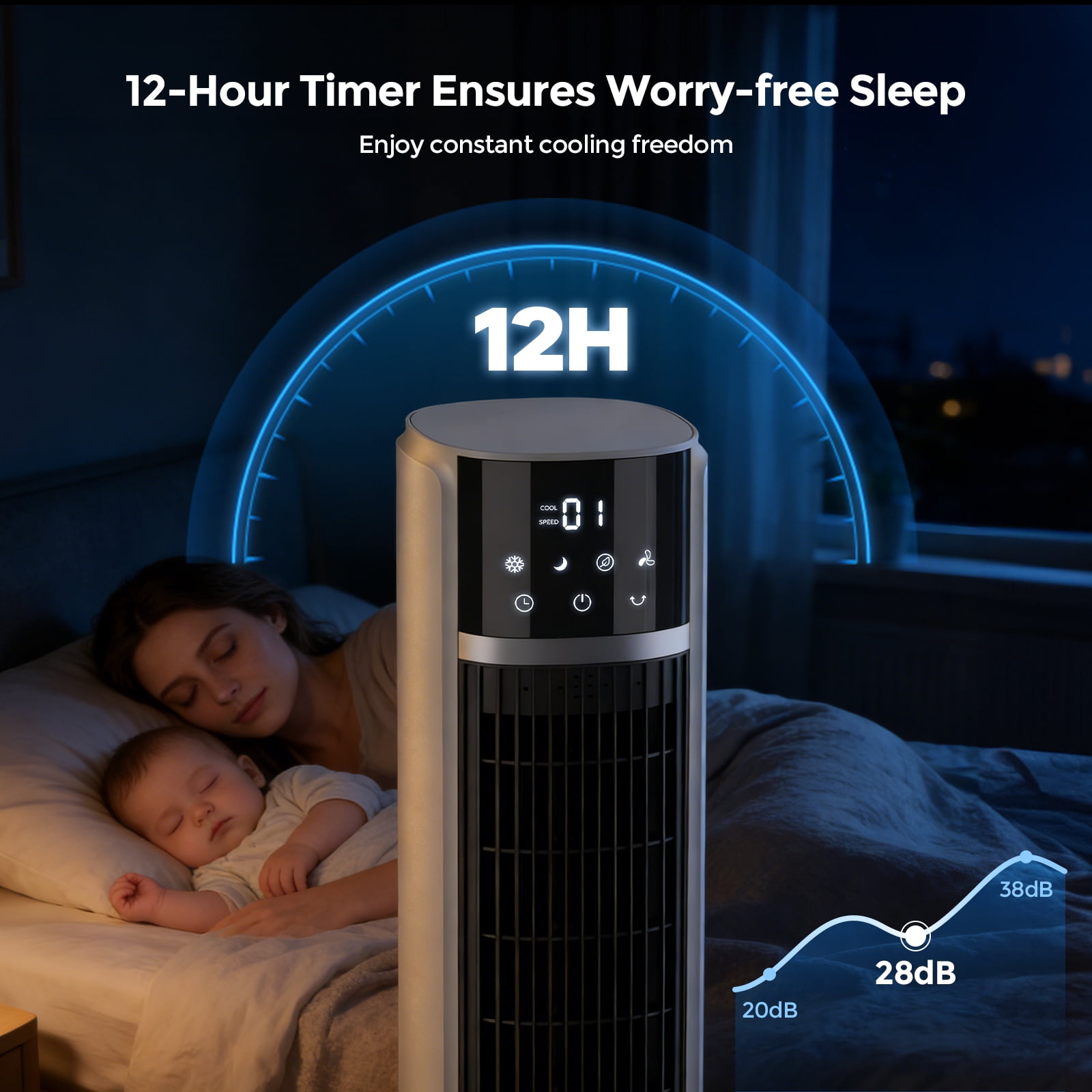Evaporative Air Cooler Tower Fan for Home Bedroom, 40" Floor Standing Cooling Fans,90° Oscillating,4 Modes & 4 Speeds,12H Timer,2 Ice Crystal Boxes