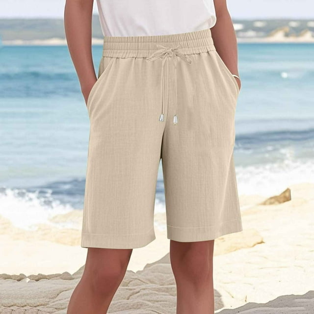 tarylea Plus Size Shorts for Women Drawstring Knee Length Elastic Waist Shorts Solid Color Loose Shorts with Pockets Casual Lightweight Breathable Shorts