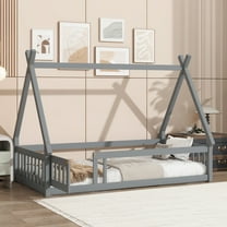 Miniyam Twin Floor Bed for Kids with House Frame, Guardrails and Lockable Door, Gray