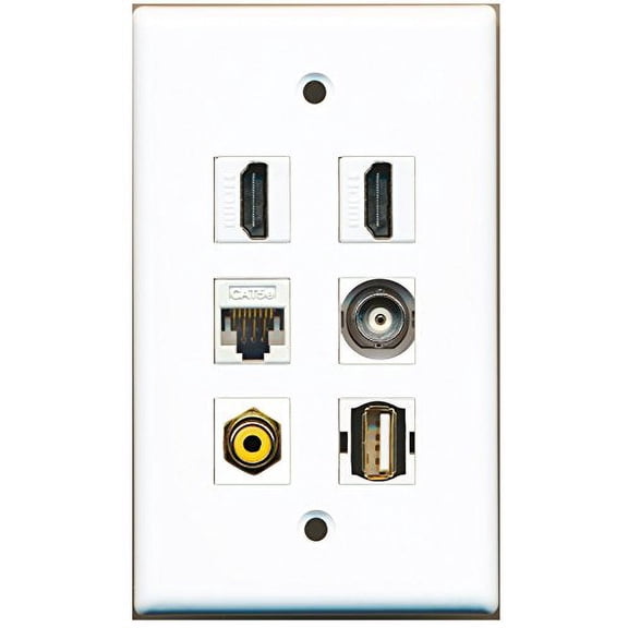 RiteAV - 2 HDMI 1 Port RCA Yellow 1 Port USB A-A 1 Port BNC 1 Port Cat5e Ethernet White Wall Plate