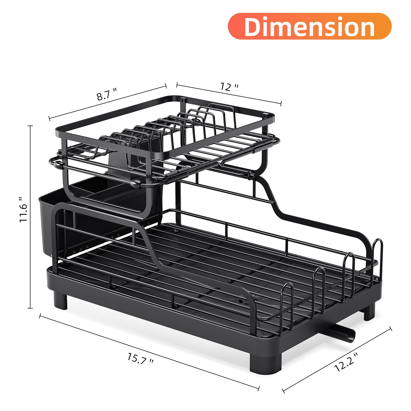 Dish Drying Rack, KK KINGRACKE Large 2-Tier Dish Rack with Drainboard Set for Kitchen Counter, Black