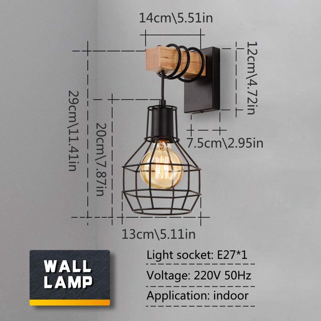 2 piezas de luz de pared interior industrial de metal y madera vintage, luz de pared de jaula E27 Max 40W luz de pared para dormitorio cocina comedor negro Adepaton YQ-2484
