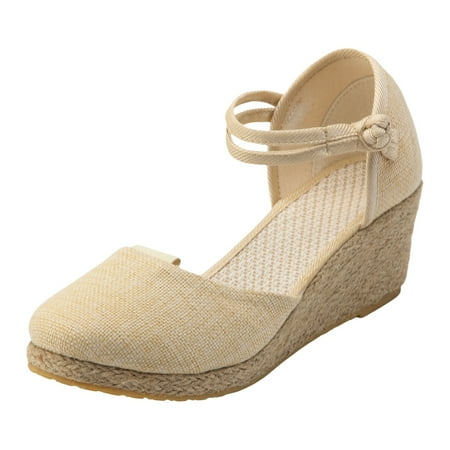 

PMUYBHF Female Womens Sandals Size 9 with Arch Support Wedge Sandals for Women in Summer Versatile Casual Breathable Buckle Straps High Heel Sandals for Women Beige 39