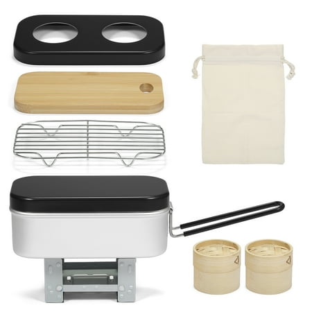 

Tomfoto 7pcs Camping Cookware Mess Kit Aluminum Bento Box Food Container with Folding Steamer Rack Bamboo Steam Basket Cutting Board with Storage Bag Outdoor Cooking Set